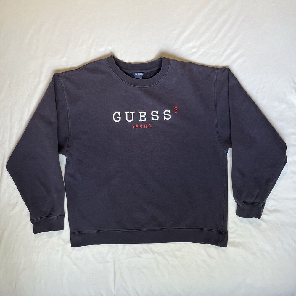VTG Guess Sweatshirt XL Pullover Navy Spellout Embroidered Classic Preppy 90s